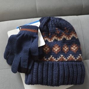 Navy Blue Knit Beanie and Gloves Set